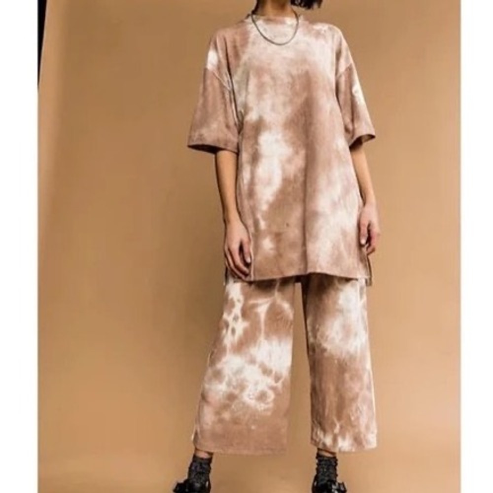Dressed In Lala Lexi Set Iced Latte Tie Dye Ribbed Tunic Wide Leg - Large